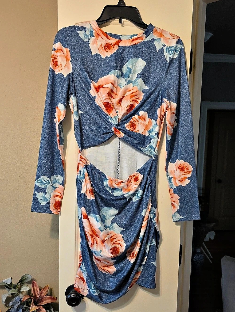 Floral Twist Front Cutout Midi Dress in Blue, Orange & Pink